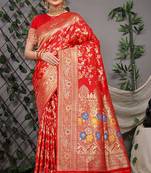 Red patola silk blend saree with multicolour floral zari weaving