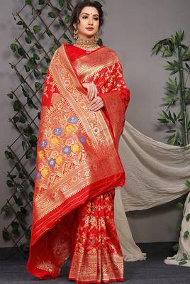 Red patola silk blend saree with multicolour floral zari weaving 2