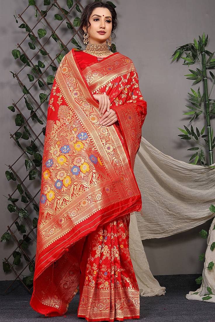 Red patola silk blend saree with multicolour floral zari weaving