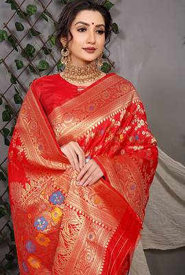 Red patola silk blend saree with multicolour floral zari weaving 3