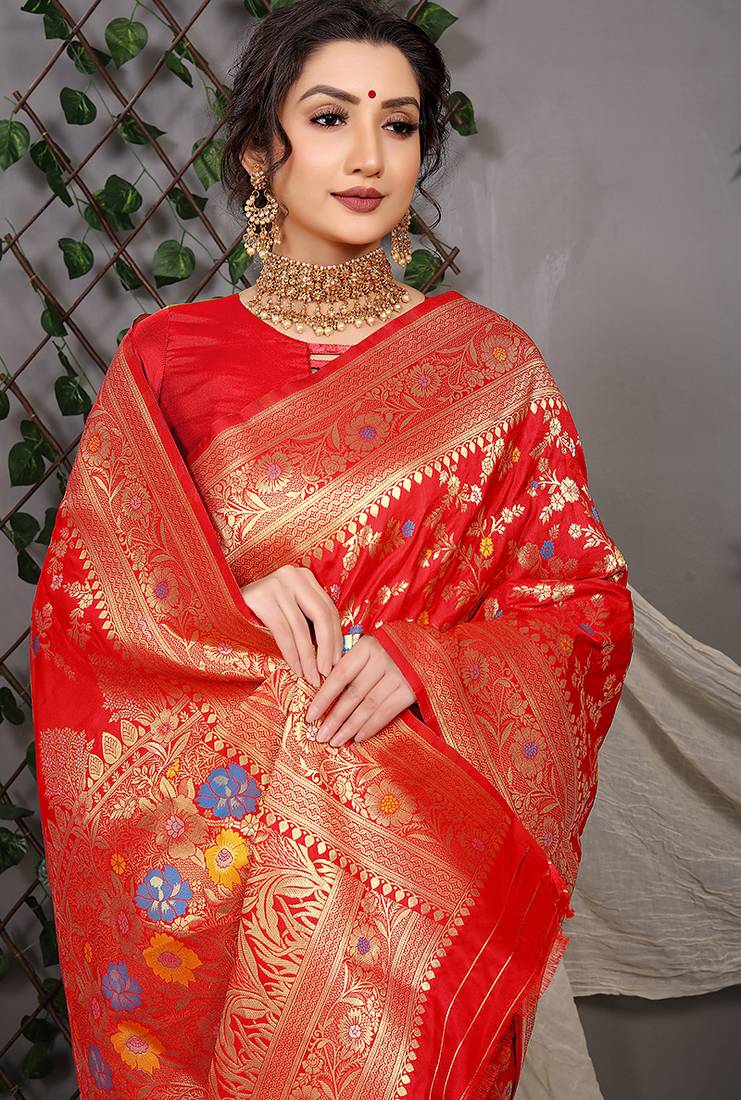 Red patola silk blend saree with multicolour floral zari weaving