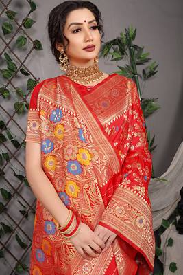Red patola silk blend saree with multicolour floral zari weaving 4