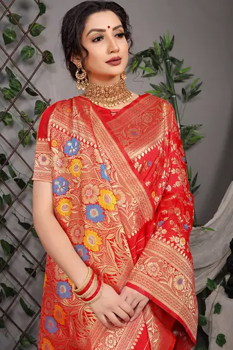 Red patola silk blend saree with multicolour floral zari weaving