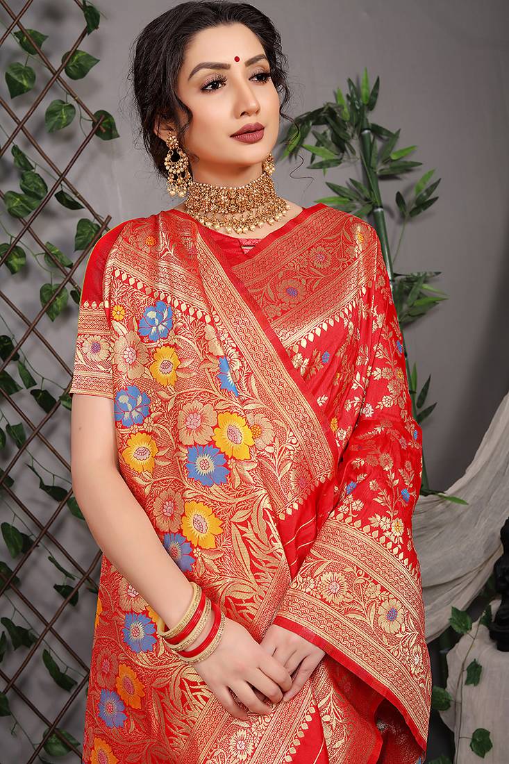 Red patola silk blend saree with multicolour floral zari weaving
