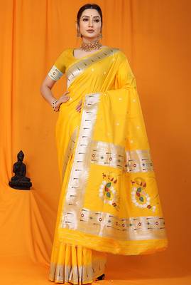 Yellow paithani silk blend saree with silver zari border & peacock pallu 1