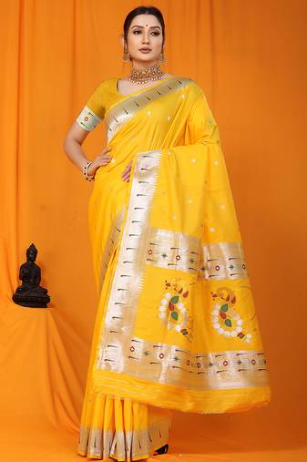 Yellow paithani silk blend saree with silver zari border & peacock pallu