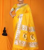Yellow paithani silk blend saree with silver zari border & peacock pallu