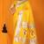 Yellow paithani silk blend saree with silver zari border & peacock pallu