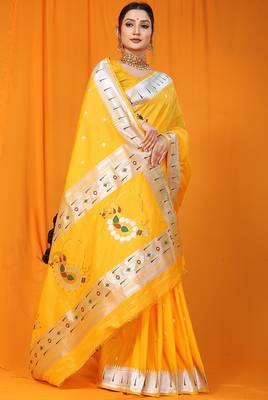 Yellow paithani silk blend saree with silver zari border & peacock pallu 2