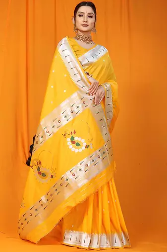 Yellow paithani silk blend saree with silver zari border & peacock pallu