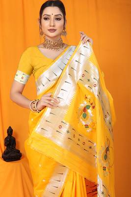 Yellow paithani silk blend saree with silver zari border & peacock pallu 4