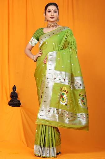 Parrot green paithani silk blend saree with silver zari border & peacock pallu