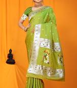 Parrot green paithani silk blend saree with silver zari border & peacock pallu