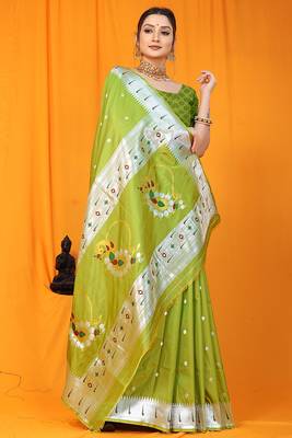 Parrot green paithani silk blend saree with silver zari border & peacock pallu 2