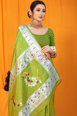 Parrot green paithani silk blend saree with silver zari border & peacock pallu 3
