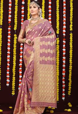 Mauve pink banarasi silk blend saree with rich gold zari weaving 1