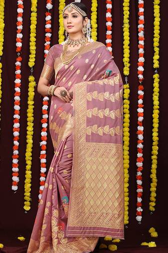 Mauve pink banarasi silk blend saree with rich gold zari weaving