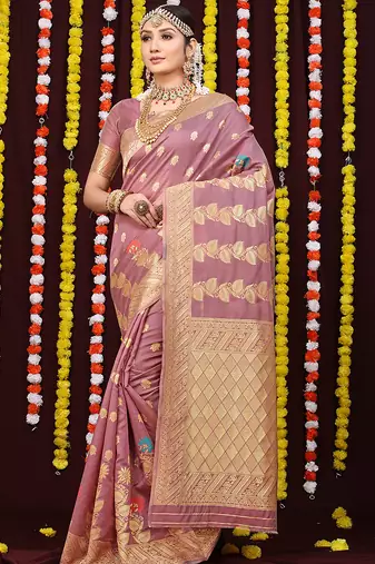 Mauve pink banarasi silk blend saree with rich gold zari weaving