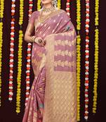 Mauve pink banarasi silk blend saree with rich gold zari weaving