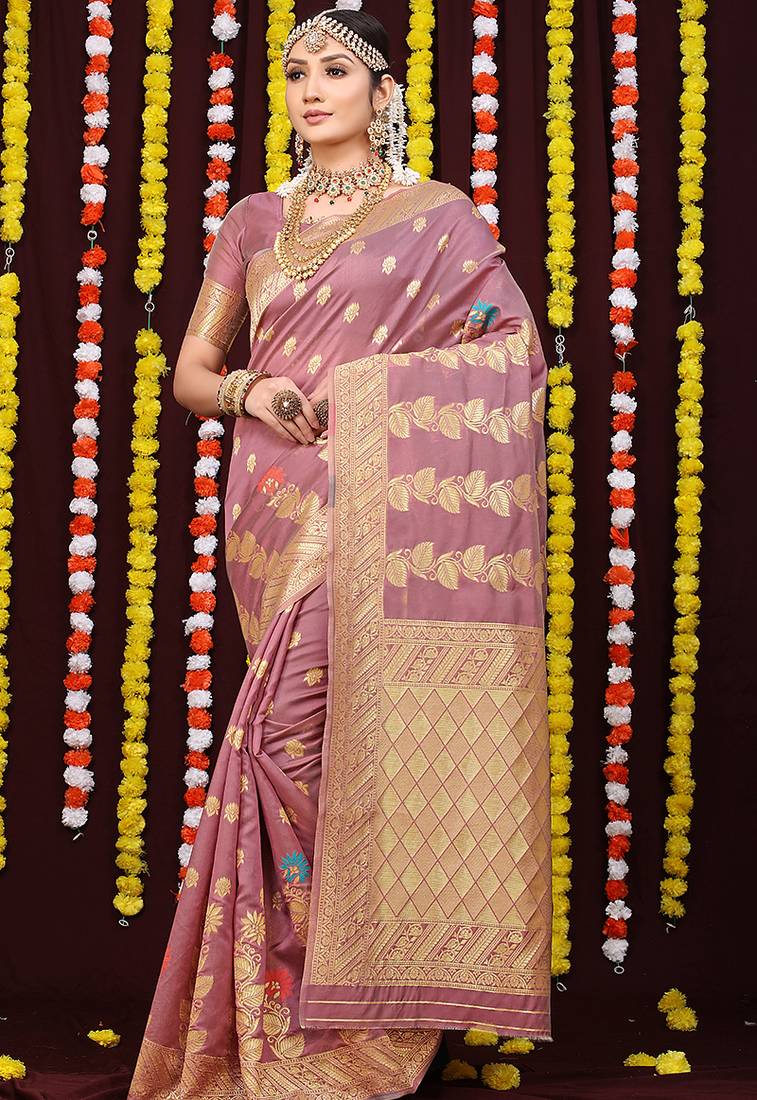 Mauve pink banarasi silk blend saree with rich gold zari weaving