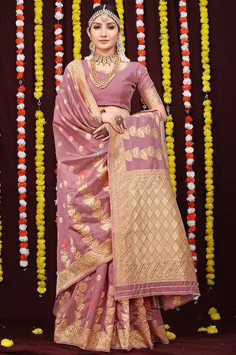 Mauve pink banarasi silk blend saree with rich gold zari weaving