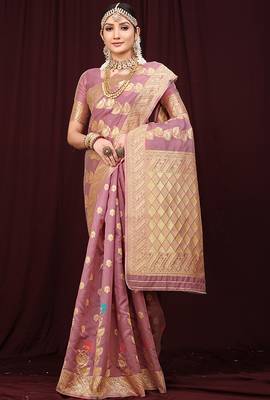 Mauve pink banarasi silk blend saree with rich gold zari weaving 3
