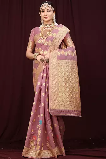 Mauve pink banarasi silk blend saree with rich gold zari weaving
