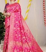 Rani pink banarasi silk blend saree with all-over floral zari jaal work