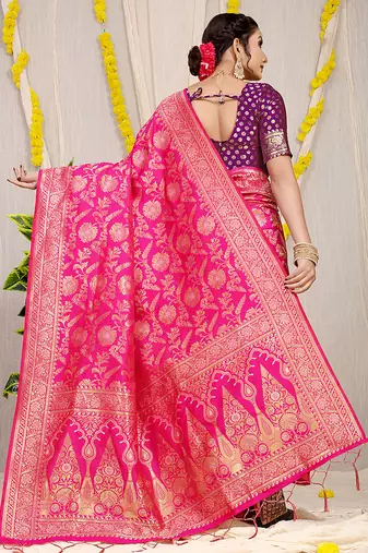 Rani pink banarasi silk blend saree with all-over floral zari jaal work