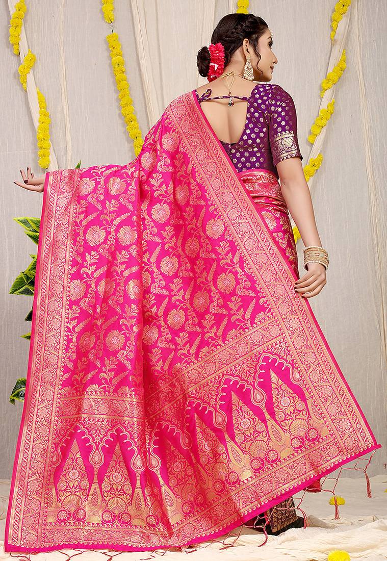 Rani pink banarasi silk blend saree with all-over floral zari jaal work
