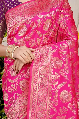Rani pink banarasi silk blend saree with all-over floral zari jaal work