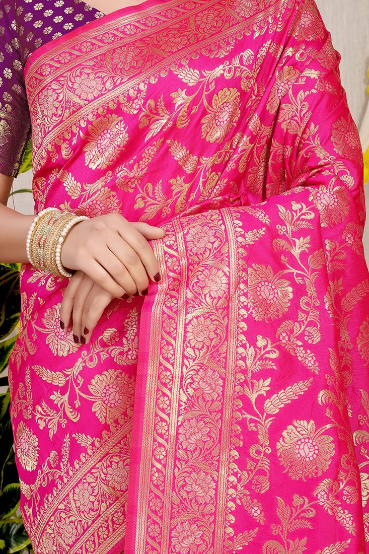 Rani pink banarasi silk blend saree with all-over floral zari jaal work