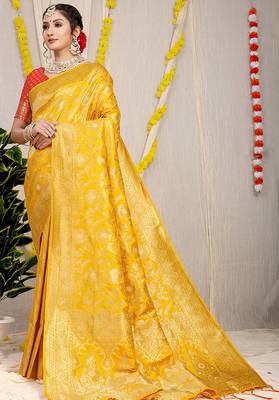 Mustard yellow banarasi silk blend saree with all-over floral zari jaal work 1