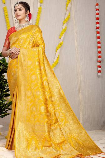 Mustard yellow banarasi silk blend saree with all-over floral zari jaal work