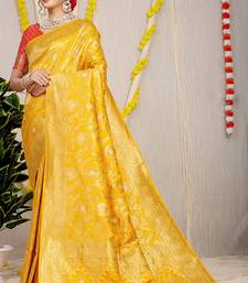 Mustard yellow banarasi silk blend saree with all-over floral zari jaal work