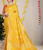 Mustard yellow banarasi silk blend saree with all-over floral zari jaal work