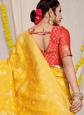 Mustard yellow banarasi silk blend saree with all-over floral zari jaal work 2