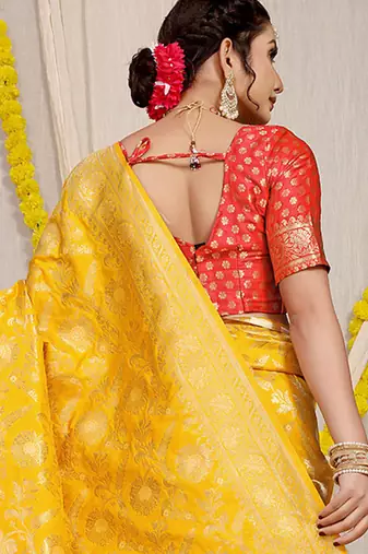 Mustard yellow banarasi silk blend saree with all-over floral zari jaal work