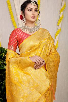 Mustard yellow banarasi silk blend saree with all-over floral zari jaal work 3