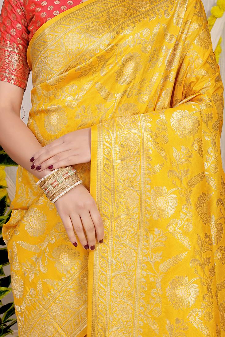 Mustard yellow banarasi silk blend saree with all-over floral zari jaal work