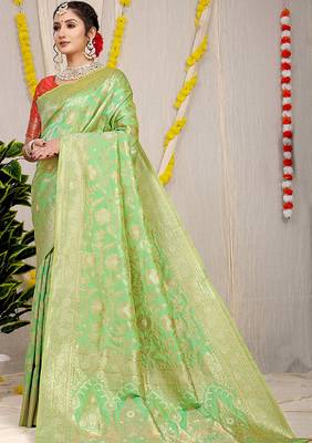 Light green banarasi silk blend saree with all-over floral zari jaal work 1