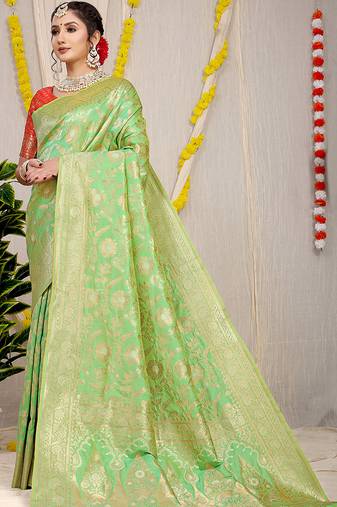 Light green banarasi silk blend saree with all-over floral zari jaal work