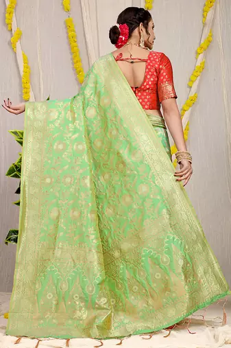 Light green banarasi silk blend saree with all-over floral zari jaal work