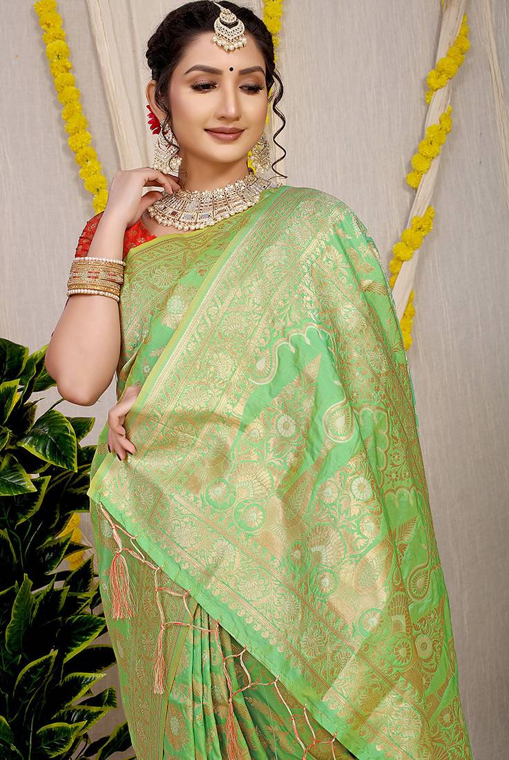 Light green banarasi silk blend saree with all-over floral zari jaal work