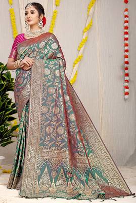 Teal green banarasi silk blend saree with all-over floral zari jaal work 1