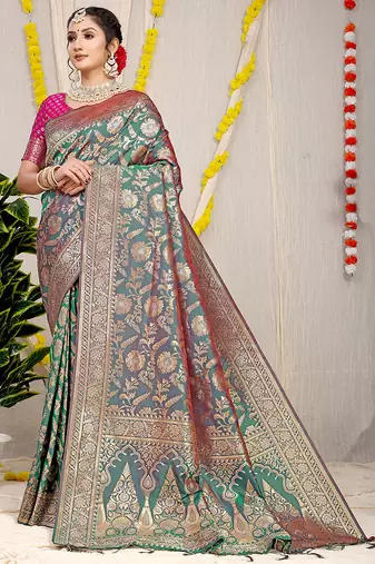 Teal green banarasi silk blend saree with all-over floral zari jaal work