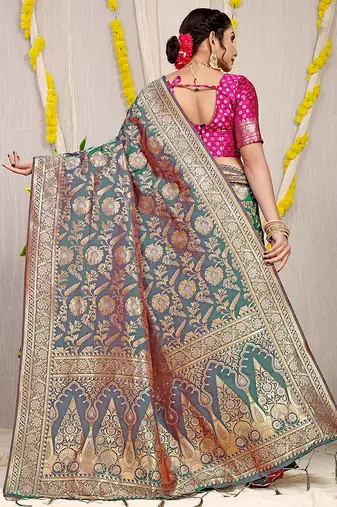 Teal green banarasi silk blend saree with all-over floral zari jaal work