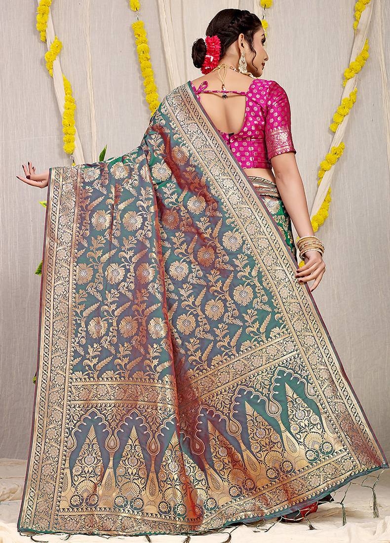 Teal green banarasi silk blend saree with all-over floral zari jaal work