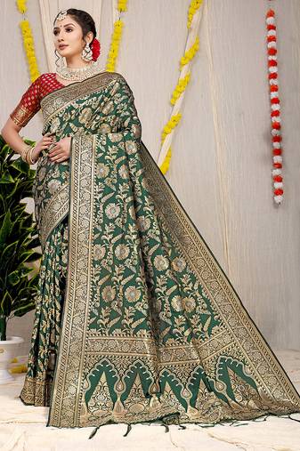 Bottle green banarasi silk blend saree with all-over floral zari jaal work