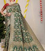 Bottle green banarasi silk blend saree with all-over floral zari jaal work
